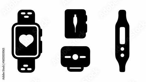 Illustration of a smart watch with heart symbol, insulin pen, and digital thermometer in black
