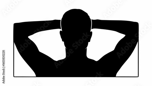 Silhouette of a person with arms raised behind their head inside a rectangular box on a white background