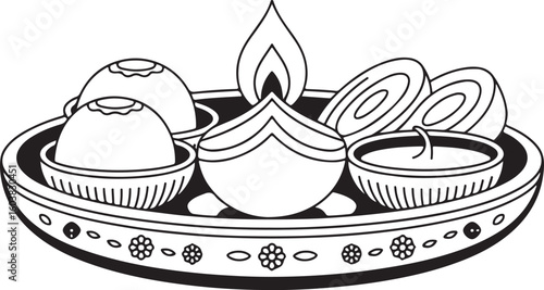  Diwali sweet plate (thali) with laddus, barfis, and chaklis arranged neatly. Decorative dish with floral engraving, rendered in clean, uniform outlines