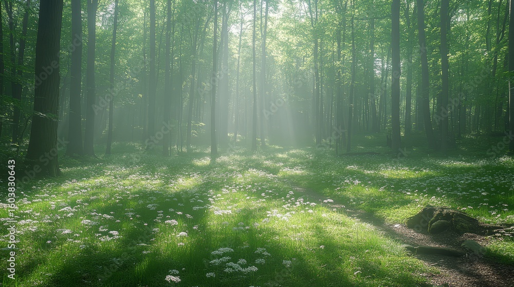 Obraz premium Sunlit Forest: A mesmerizing shot of a dense forest bathed in soft sunlight, a tranquil journey into the heart of nature's serene embrace.