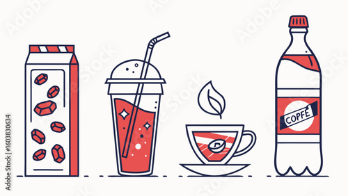 Modern flat vector pack of beverages including tea, coffee, smoothies, cocktails, soda, and water bottles.

