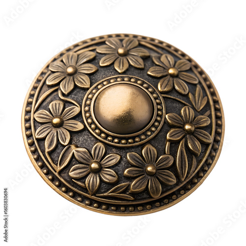 Antique bronze floral brooch isolated on transparent background