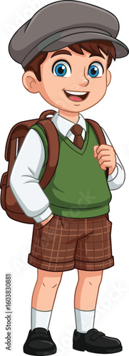 Cartoon schoolboy in green sweater vest and checkered shorts with backpack and hat, educational theme, vector illustration isolated on white