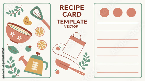 Vector template of a recipe card featuring ingredients list, preparation steps, food icons, and kitchen elements in flat design.


