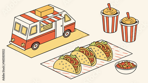Street food vector illustration showing tacos shawarma noodles food truck and local snacks in flat style




