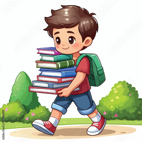 vector image of a boy carrying a stack of books