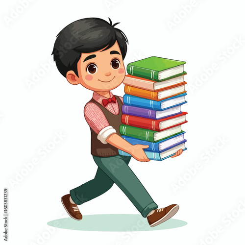 vector image of a boy carrying a stack of books