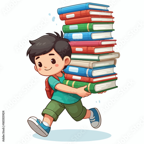 vector image of a boy carrying a stack of books