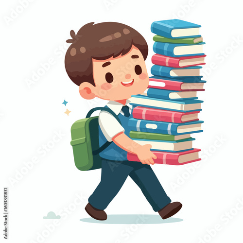 vector image of a boy carrying a stack of books