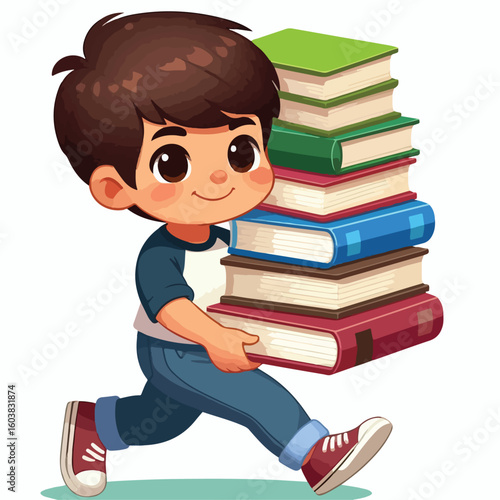 vector image of a boy carrying a stack of books