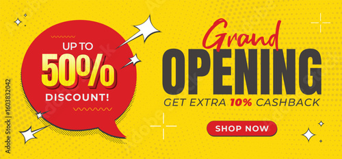 Grand Opening Banner with 50% Discount and Cashback Offer