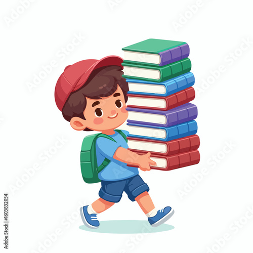 vector image of a boy carrying a stack of books