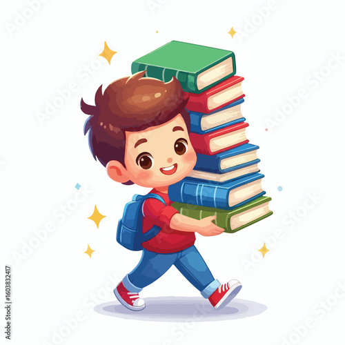 vector image of a boy carrying a stack of books