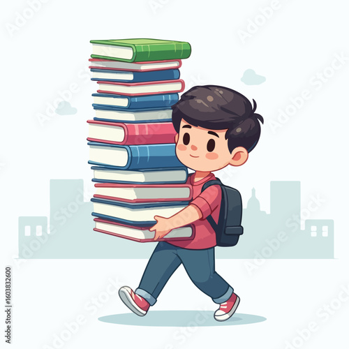 vector image of a boy carrying a stack of books