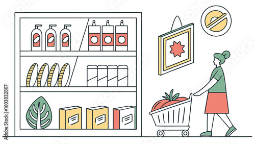 A woman with a shopping cart full of tomatoes walks past a grocery store shelf filled with various products and a decorative item on the wall