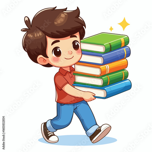 vector image of a boy carrying a stack of books