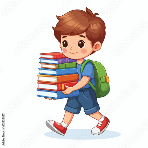 vector image of a boy carrying a stack of books