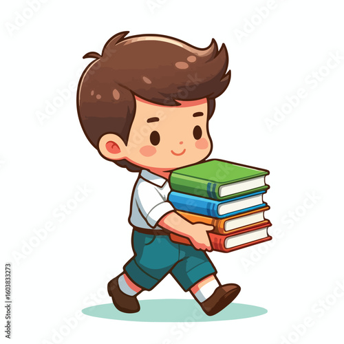 vector image of a boy carrying a stack of books