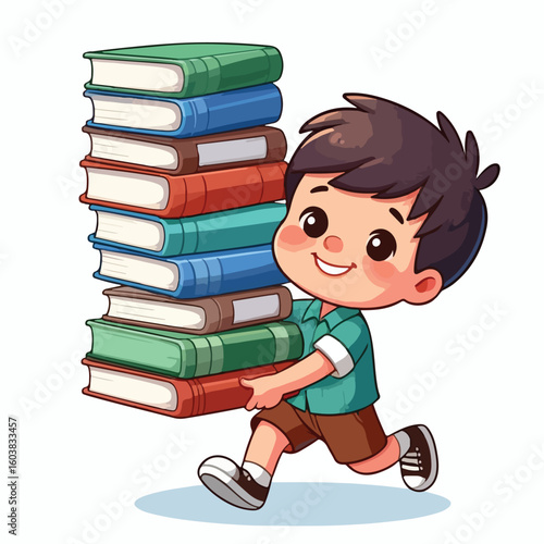 vector image of a boy carrying a stack of books