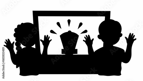 Silhouette of children looking at a magic box with light rays emitting from the top in black and white