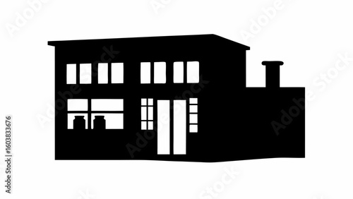 Silhouette of a two story building with multiple windows and a chimney on the side structure area