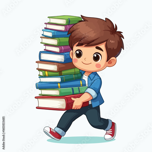 vector image of a boy carrying a stack of books