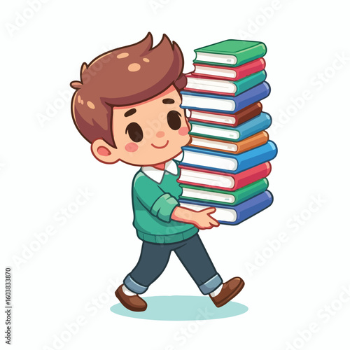 vector image of a boy carrying a stack of books
