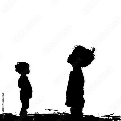 Child standing silhouette on white background.