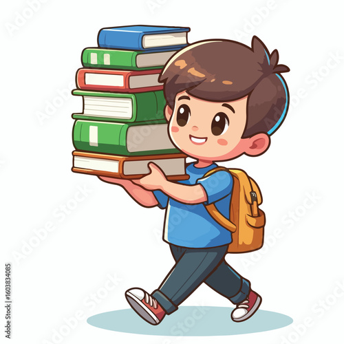 vector image of a boy carrying a stack of books