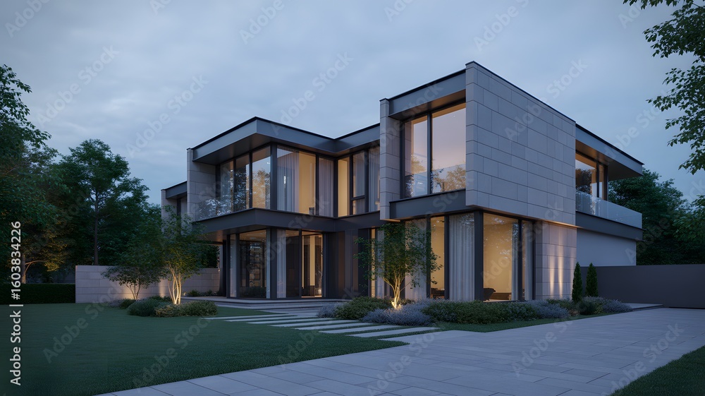 Fototapeta premium Modern Luxury House with Glass Garage and Scenic Hilltop View