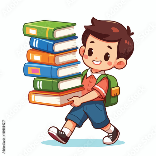vector image of a boy carrying a stack of books