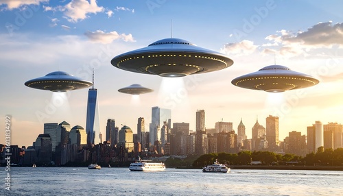 UFOs over NYC skyline at dawn