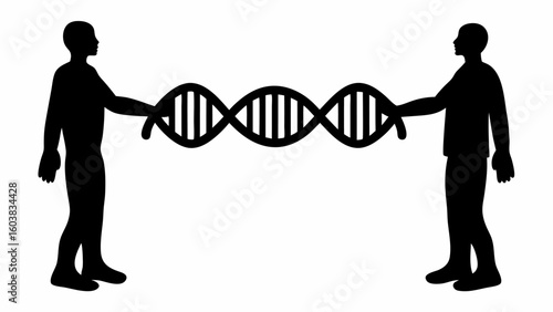 Two silhouettes holding a dna strand in black and white representing science and human connection concept