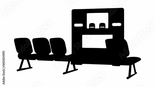 Silhouette of airport waiting area with seats and check in counter for passengers in black and white