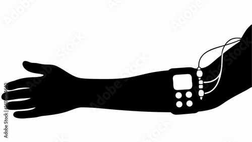 Silhouette of an arm with a device attached by wires, possibly a medical or monitoring apparatus shown