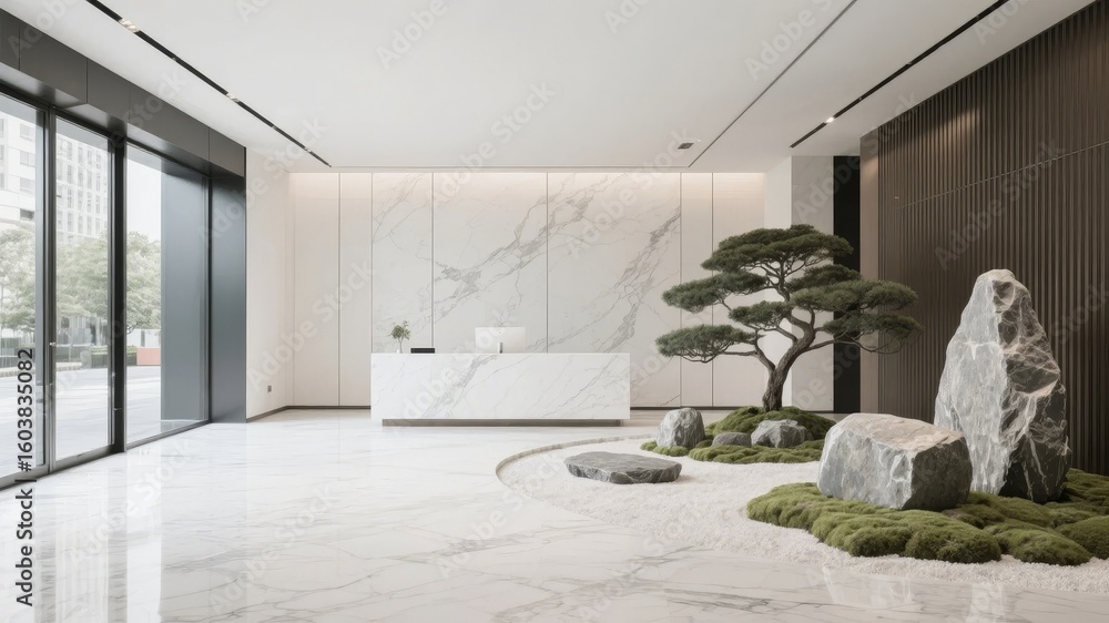 Fototapeta premium Modern minimalist reception area with marble accents and a small indoor garden