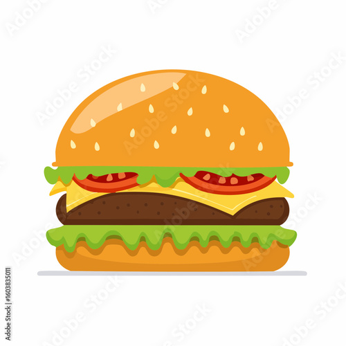 Single flat vector icon of a classic cheeseburger with sesame bun, lettuce, tomato, cheese, and beef patty, in modern flat design