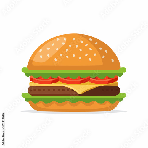 Single flat vector icon of a classic cheeseburger with sesame bun, lettuce, tomato, cheese, and beef patty, in modern flat design