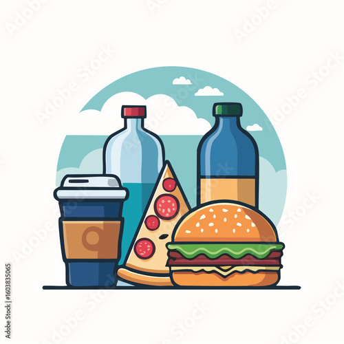 Clean and modern food and drink icon set in flat vector style, featuring burger, pizza, coffee cup, apple, and water bottle, with minimal shading