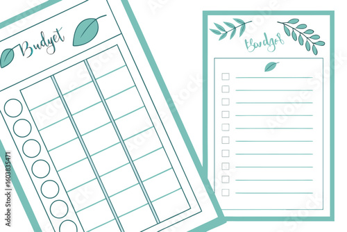 Organized budget planning sheets with decorative leaves and checkboxes for financial tracking and personal organization