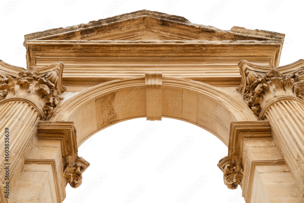 Fototapeta premium Neoclassical Architecture of an Ornate Stone Arch with Columns Against a Transparent Background