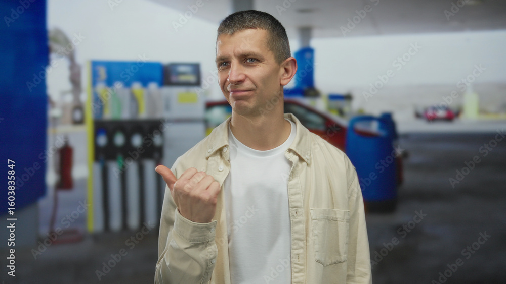 Obraz premium Man pointing at petrol station with pumps in background, wearing casual shirt, outdoors with car, sunny day, relaxed expression, caucasian male, standing by vehicle.