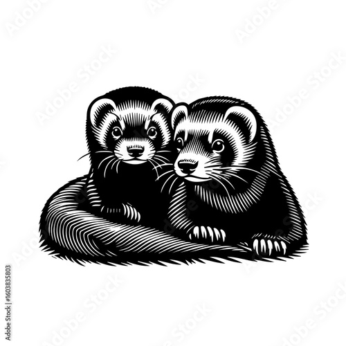 Black and white illustration of two ferrets huddled together