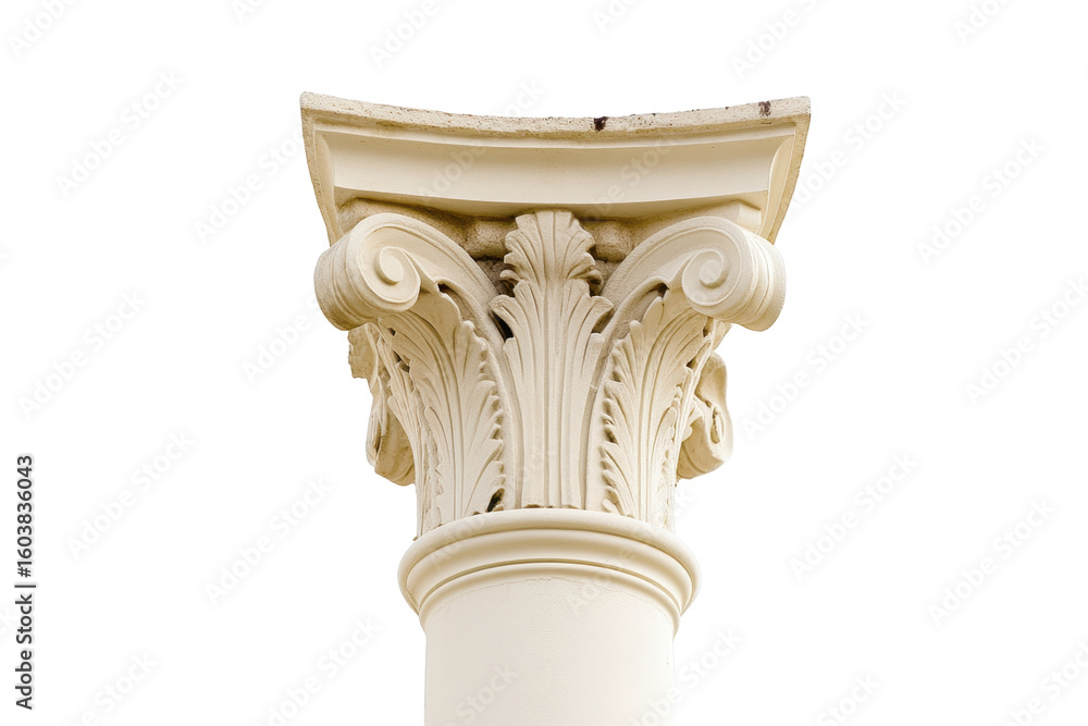 Obraz premium Ornate Classical Stone Column Capital with Intricate Floral Detailing on Transparent Background