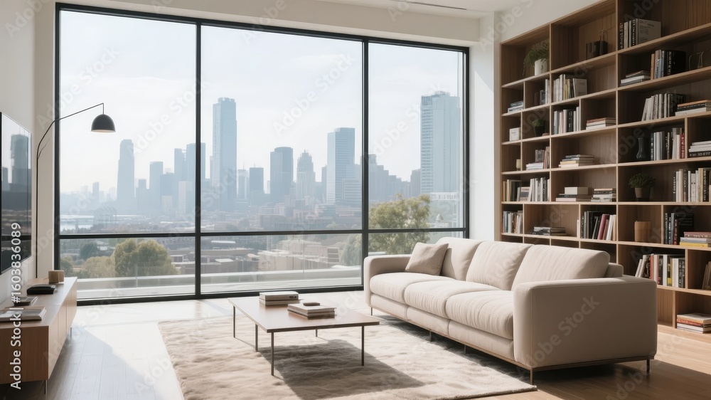 Naklejka premium Modern living room with large windows overlooking a city skyline