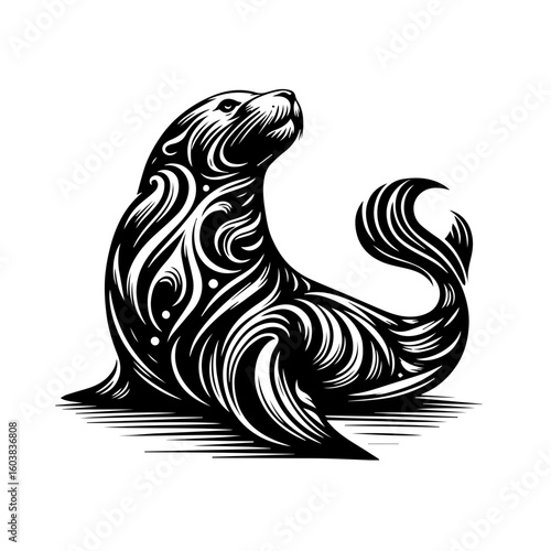 A sleek sea lion illustration in black and white with detailed patterns