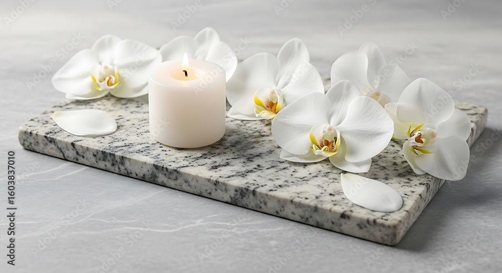 White orchids and a lit candle on a granite tray create a calming spa-like scene, ideal for relaxation and wellness promotions White orchids and a lit candle on a granite tray create a calming spa-like scene, ideal for relaxation and wellness promotions