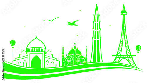 A horizontal silhouette skyline of famous Pakistani landmarks—Minar-e-Pakistan, Faisal Mosque, and Quaid’s Mausoleum—designed in green tones without using the flag.

