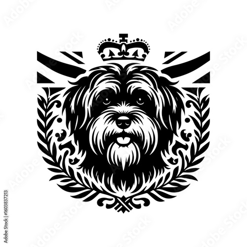 Regal shih tzu with crown and union jack flag illustration in black and white