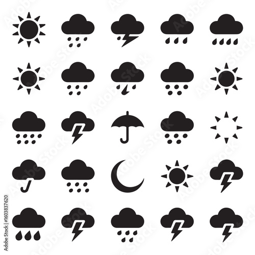 Solid Black Weather Icons Set,Flat Line Art Weather Vector Pack,Minimal Weather Icon Collection,Weather Symbol Flat Vector Art,Resizeable And Editable